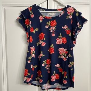 24/7 Maurices Women’s Sz Large Short Sleeve T Shirt Navy Roses Crew Neck